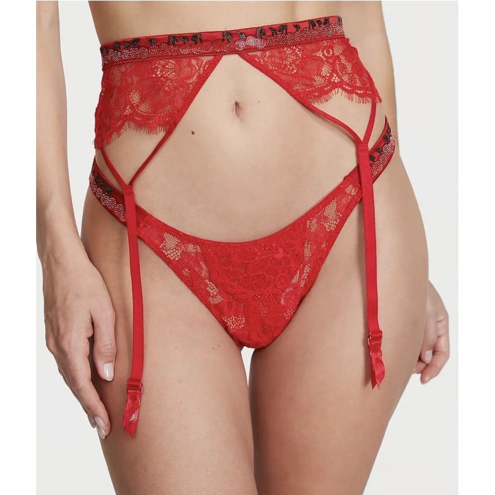 NWT Victoria's Secret Shine Strap Lace Garter & Thong Set Sz L - Cherry Red Lace